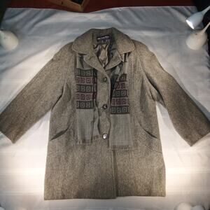 Herman Kay Women’s Wool Blend Coat Size 12 Gray Button Front with Attached Scarf